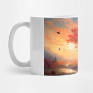 Spring landscape with a single flowering tree. Mug